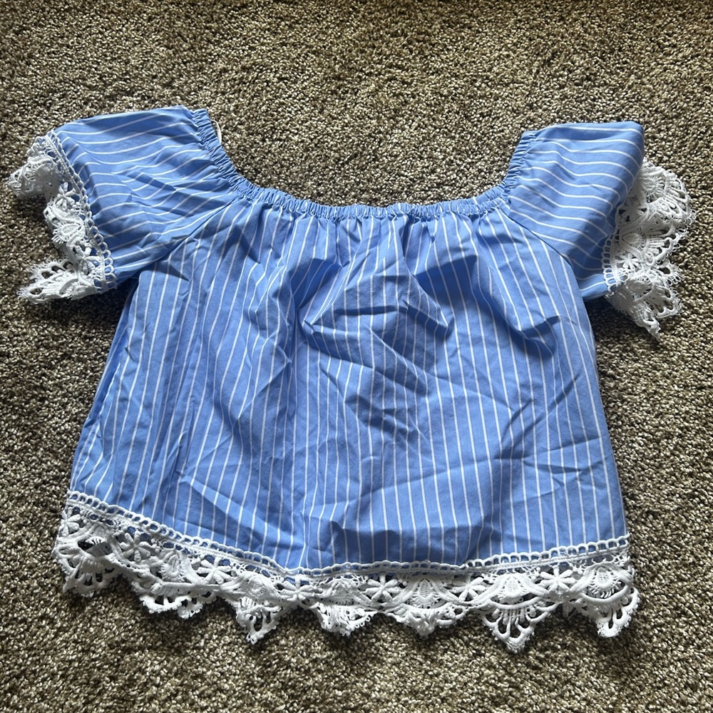 Blue and White Ruffled Flutter Sleeve Crop Top
